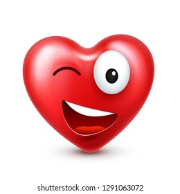 Heart smiley emoji vector for Valentines Day. Funny red face with expressions and emotions. Love symbol.