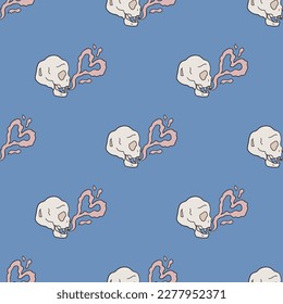 Heart smoking skull vector seamless pattern. Repeat elements background for textile, design, fabric, cover etc.