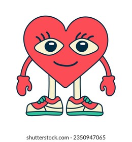 heart in sneakers character isolated with eyes arms legs on white background trendy retro Y2K style doodle cartoon hand drawn groovy hippie 80s 90s vector illustration
