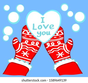 A heart of snow lies in mittens on a blue background. Vector illustration.