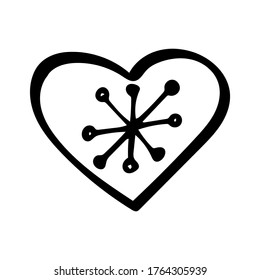 Heart with snowflake, isolated simple hand drawn vector illustration in black and white doodle style 