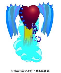 The heart soars up. On the heart there are thorns, wings and a chain broken into pieces.