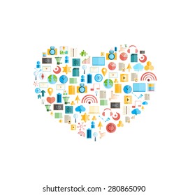 Heart social network with media icons background, vector illustration