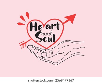 Heart and soul romantic minimalist t shirt design with hand and arrow