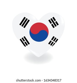 Heart with South Korea flag on a white background casts a shadow, vector