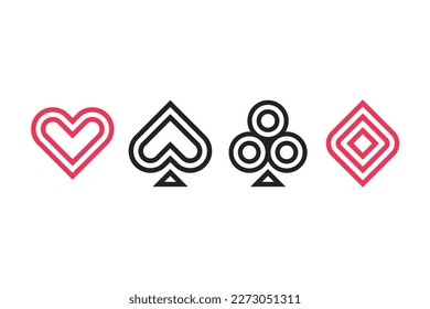 Heart, spade, club and diamond. Playing card suit icons in modern geometric minimal style. Vector cards symbols set.