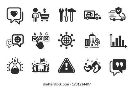 Heart, Spanner tool and Quote bubble icons simple set. Diagram graph, Smile and Truck transport signs. Transport insurance, Correct checkbox and Arena symbols. Flat icons set. Vector