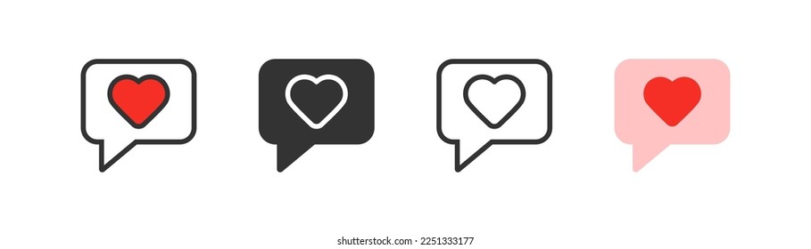 Heart in speach bubble icon. Love symbol. St Valentine's day concept. Pink, red hearts in sms notification. Love letter. Outline, flat, and colored style. Flat design. Vector illustration.
