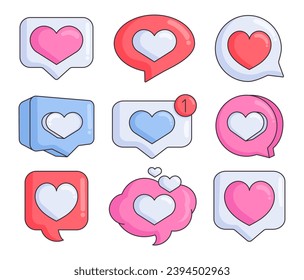 Heart in speach bubble. Love like social media notification. St Valentines day. Hand drawn style. Vector drawing. Collection of design elements.