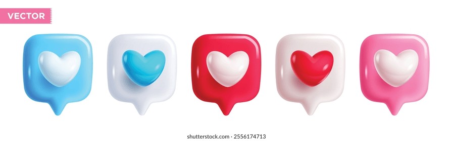 Heart speech bubble 3d icon clipart set. Hearts shape balloons, nubes, love sign, like buttons and chat symbol collection for social media graphic elements clip art. Vector illustration love speech 