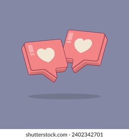 Heart in a speech bubble in 3d style on purple background. Love like heart social media notification icon. Emoji, chat and social network. Pixel style