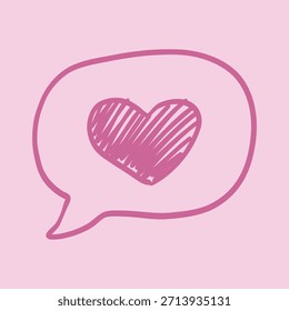 Corazón en un garabato de la burbuja del discurso. Icono dibujado a mano que representa un mensaje de amor, chat romántico, comunicación y me gusta en las redes sociales.