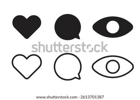 Heart Speech Bubble Eye Icons Vector Set Transparent Background PNG for Social Media Engagement Likes Comments Views Minimalist Black White Design icons set