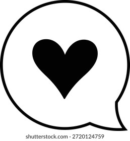 Corazón en el icono de la burbuja del discurso, Vector blanco y negro del símbolo del mensaje del amor

