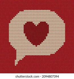 Heart in speech bubble knitted on red background, Wool knitted texture, Knitting sweater design element vector illustration, Cute card for Valentine's day or wedding