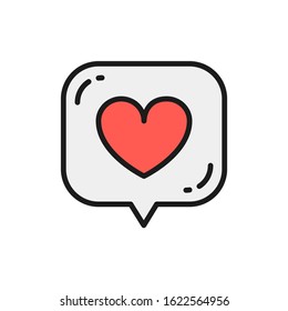Heart in speech bubble, like, positive feedback flat color line icon.