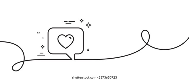 Heart in Speech bubble line icon. Continuous one line with curl. Love chat symbol. Valentines day communication sign. Love message single outline ribbon. Loop curve pattern. Vector