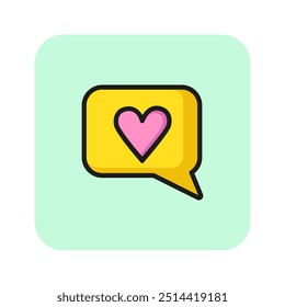 Corazón en el icono de la línea de la burbuja del discurso. Mensajes de texto, como, mensaje. Concepto de comunicación. Se puede utilizar para temas como el día de San Valentín, citas, conversación