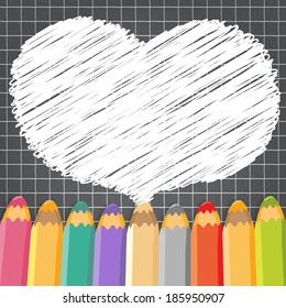 Heart speech bubble with pencils. Dark checkered background. Vector illustration. Place for text.