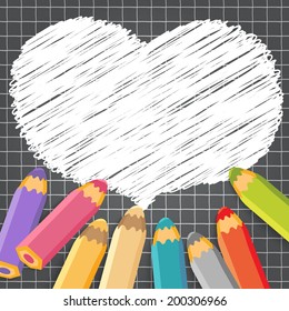 Heart speech bubble with pencils. Dark checkered background. Vector illustration. Place for text.