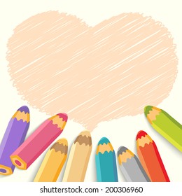 Heart speech bubble with pencils. Light background. Vector illustration. Place for text.