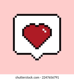 Heart speech symbol isolated on pink background. Red heart pixel art. Vector illustration
