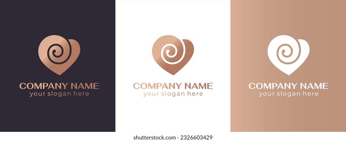 Logo de corazón y espiral. Flor en forma de corazón. Rollo de tela o papel. Elegantes líneas fluidas. Plantilla para crear un diseño único y lujoso, logotipo