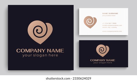 Heart and spiral logo. Flower in the shape of a heart. Roll of fabric or paper. Elegant flowing lines. Template for creating a unique luxury design, logo