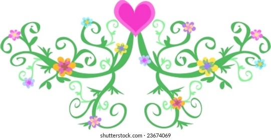 Heart and Spiral Vines and Flowers Vector
