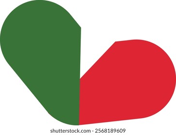 A heart split open into two halves, red and green