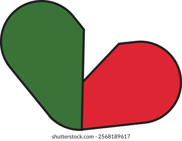 A heart split open into two halves, red and green