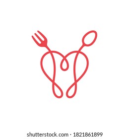 Heart, Spoon And Fork. Love Healthy Food Logo Concept With Line Style