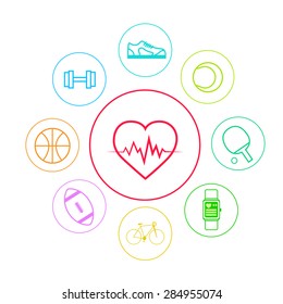 Heart Sport Fitness App Icons Set Thin Line Simple Colorful Collection Minimalistic Style