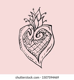 Heart. Spring time. B-day greeting card. Message. T - shirt design. Vector illustration. poster. i love you. pink background. line art.