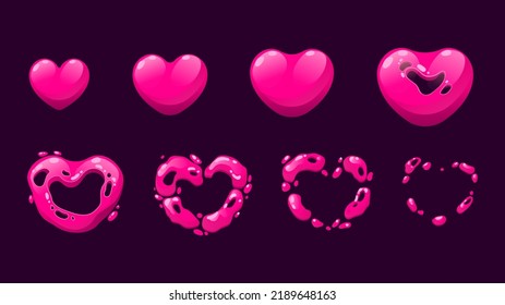 Heart sprite animation. Grow and disappear sprite sequence for like button pressed, game heart explosion graphic template. Vector animate frames set of love heart animation effect illustration