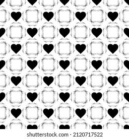 Herz und quadratisches schwarzes diagonales Muster nahtlos. Modegrafisches Hintergrunddesign. Abstrakte Textur. Einfarbige Vorlage für Drucke, Textilien, Umhüllung, Bildschirmhintergrund, Website usw.