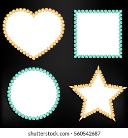 Heart, square, circle and star of diamonds on black background.