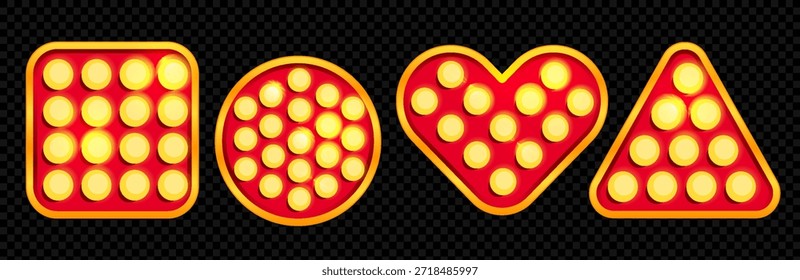 Tablero de circo de la carpa del corazón y cuadrada. Etiqueta de luz de carnaval para Vegas retro o letrero de Broadway vintage. Señalización de concierto en blanco para diseño de medalla de concurso con lámpara. Anuncio de fiesta de teatro o festival.