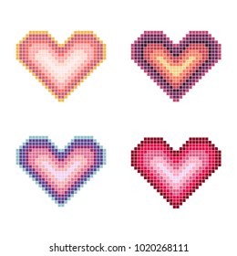 Heart of squares of pixels of red shades. Symbol of love. Vector illustration