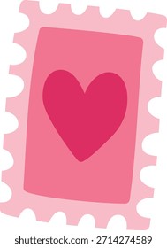 Sello de corazón con borde festoneado y emblema centrado en un marco de franqueo. Símbolo de amor, mensaje, romance y comunicación por correo. Ilustración vectorial de dibujos animados.
