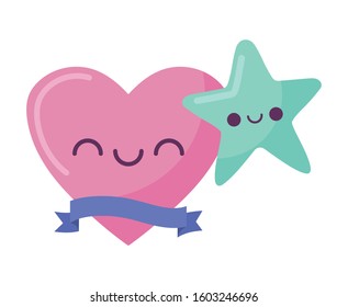 heart and star cartoon design, Kawaii expression cute character funny and emoticon theme Vector illustration