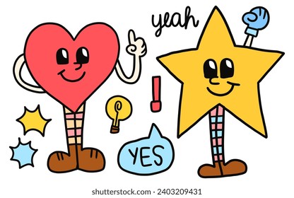 Vector de caracteres de estrella y corazón. caricatura de carácter retro