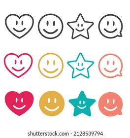 Heart, star, dialogue bubble and face with eyes and smile in three different variants.