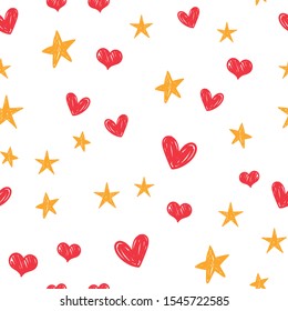 Heart and star doodles seamless pattern. Texture with hand drawn hearts and stars.