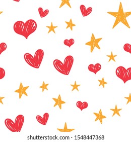 Heart and star doodles seamless pattern. Texture with hand drawn hearts and stars.