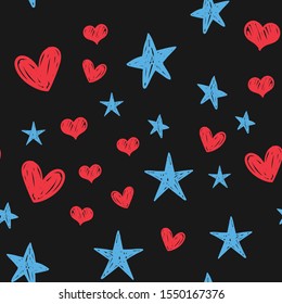 Heart and star doodles seamless pattern. Texture with hand drawn hearts and stars.