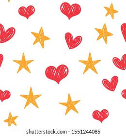 Heart and star doodles seamless pattern. Texture with hand drawn hearts and stars.