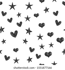 Heart And Star Doodles Seamless Pattern. Texture With Hand Drawn Hearts And Stars.