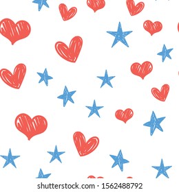 Heart and star doodles seamless pattern. Love and sky texture background.