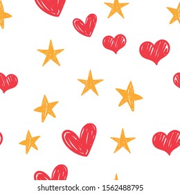 Heart and star doodles seamless pattern. Love and sky texture background.